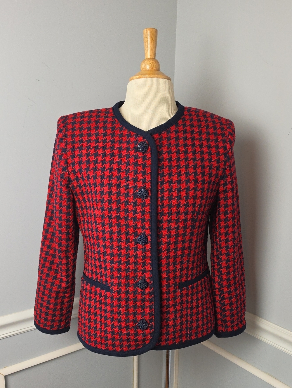 ALFRED DUNNER Red Blue Houndstooth Classic Office Business Blazer Lady Jacket 8P